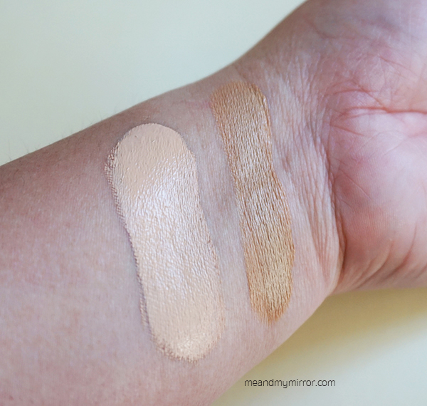 Concealer is swatched (a bit too heavily) on the left. Cushion foundation is on the right. You can see that there is a fair colour difference between the two.